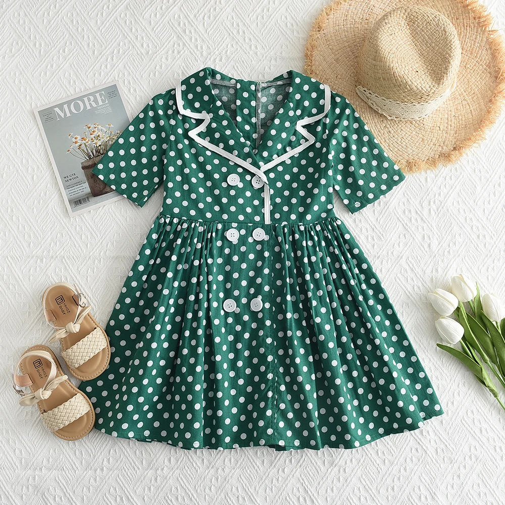 Bear Leader 2023 New Girls Summer Dress Short Sleeve Cotton Dot Green Retro Dress British Style Double Breasted Girls Dress