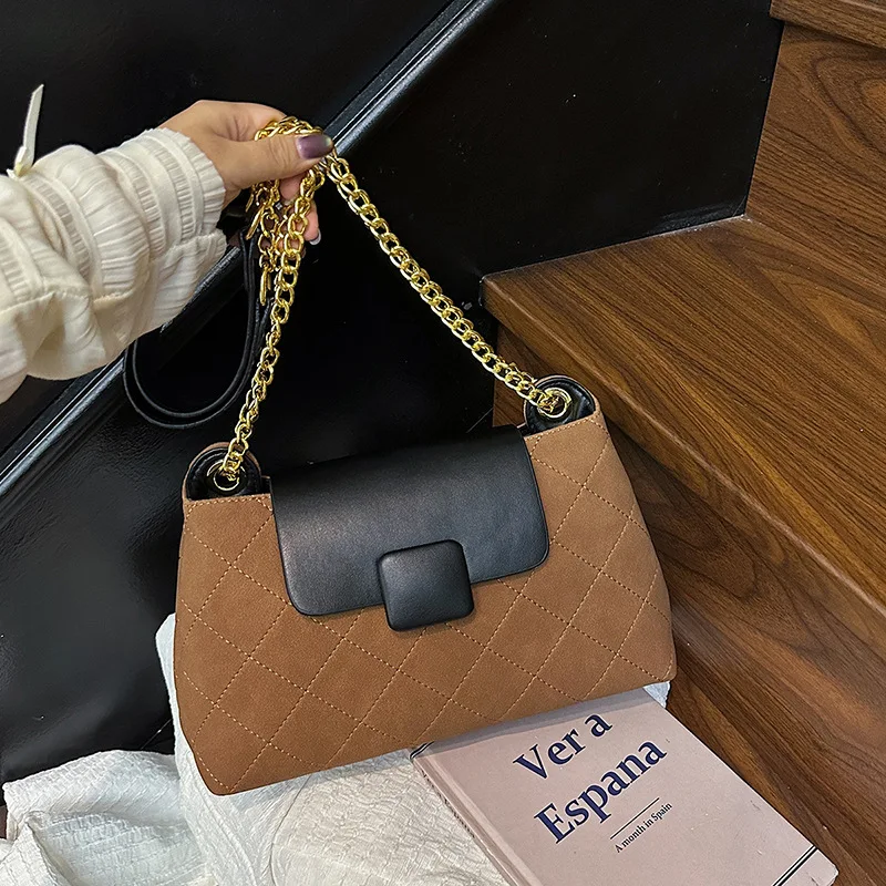 

Осенне-зимние новые модные женские сумки, замшевая сумка через плечо Майяра, ромбовидная цепочка под мышками, популярная вышивка нитью