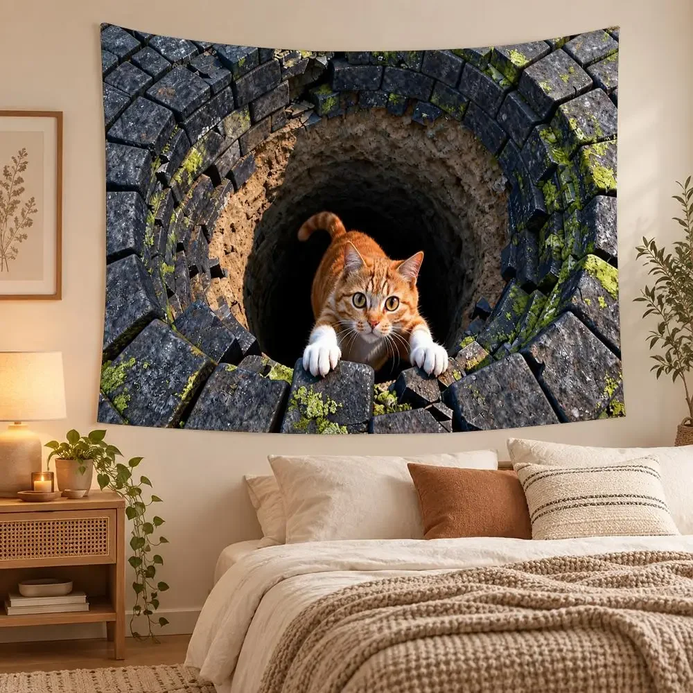 Cute Ginger Cat Peeking Hole Tapestry Custom Living Bedroom Party Dormitory Interior Wall Bohemian Decoration Attached Clip