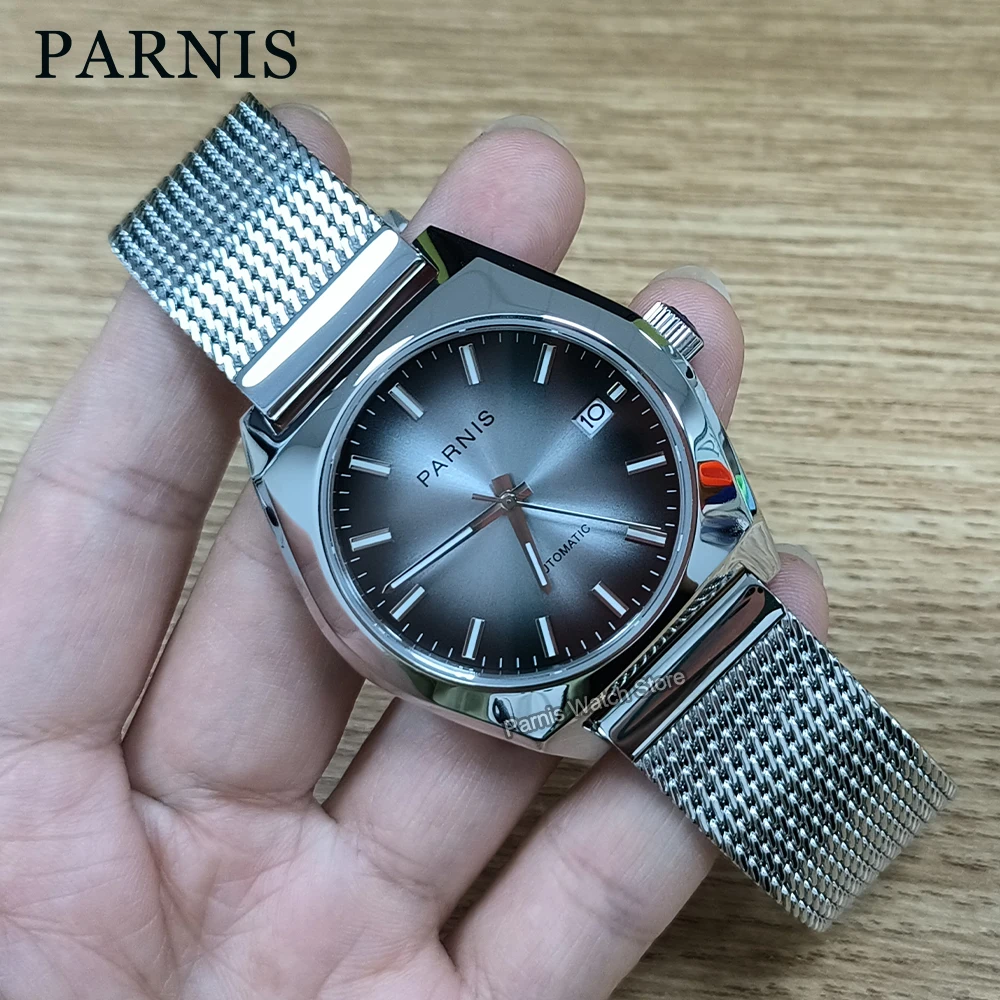 Parnis 40mm Men\'s Watch NH35 Automatic Black Gray Gradient Color Dial Sapphire Crystal Stainless Steel Case
