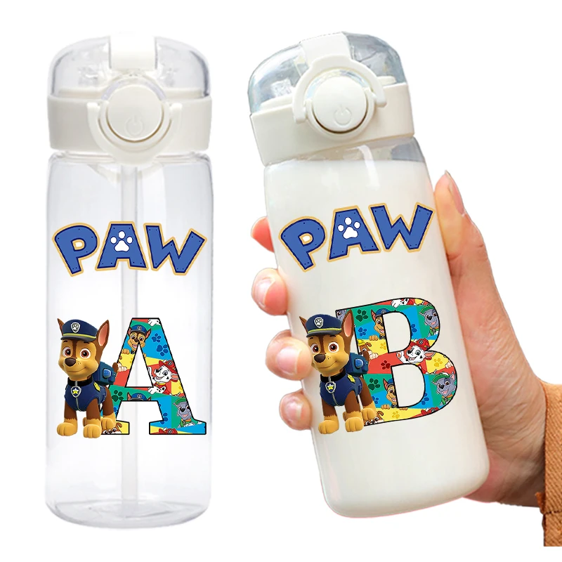 Botella de agua transparente Paw Patrol de 400ml con pajita, taza de agua con estampado de letras de dibujos animados, tazas deportivas portátiles para niños y niñas, regalos para niños