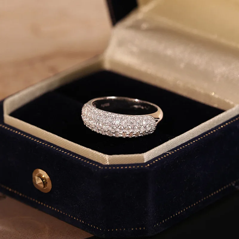 Korean-style wide-set full-diamond ring with luxurious zirconia for ladies, made of 925 sterling silver, featuring a fashionable