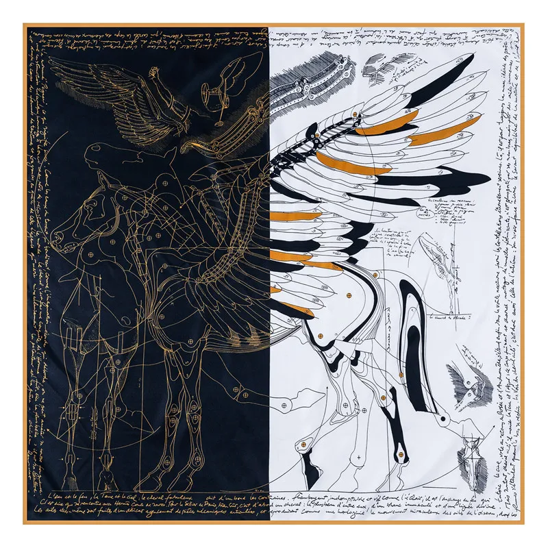 90CM Manual Hand Rolled Twill Silk Scarf Women Timpani Print Square Scarves Echarpes Curled Foulards Femme Wrap Bandana Hijab