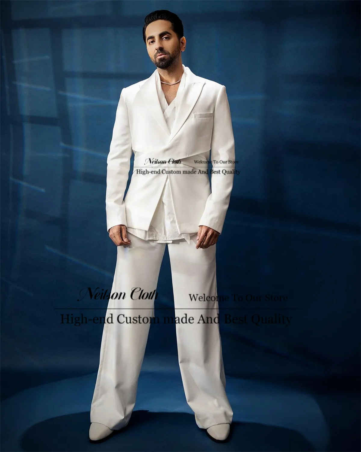 

Fashion White Male Prom Blazers 2 Pcs Sets Peaked Lapel Groom Wedding Tuxedos Customized Casual Loose Pants Terno Masculino