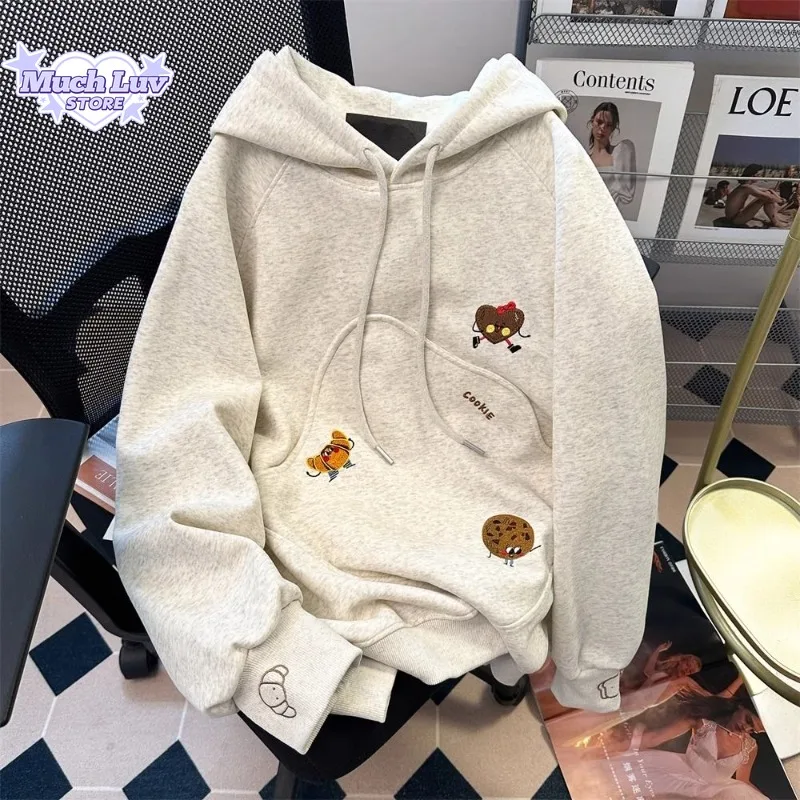 

Cartoon Cookies Embroidered Thick Hooded Sweatshirt Men and Women Autumn and Winter Fashion Trend Casual Comfy Couple Top Coat