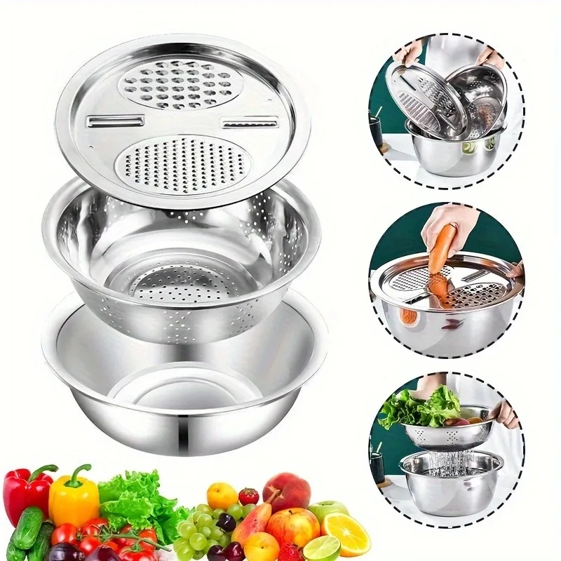 Three-piece deep stainless steel multi-functional bowl set | Vegetable cutter, strainer, mixing bowl, and slicer