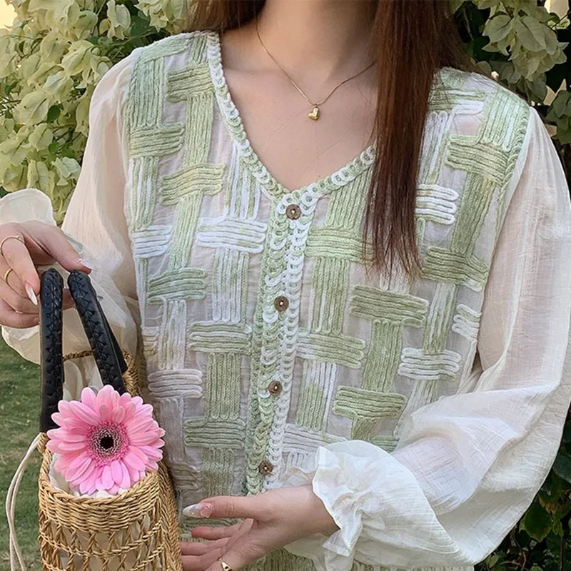 Boring Honey Holiday Top Women Style Long Sleeve Knitted Stitching Shirt Women's Spring Summer New Slim Blouse Fashion Shirt