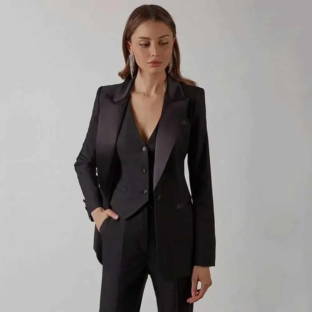 Elegant Black Solid Women Suits 3 Piece Chic Satin Peak Lapel One Button Outfits Office Lady Pants Sets (Blazer+Vest+Pants)