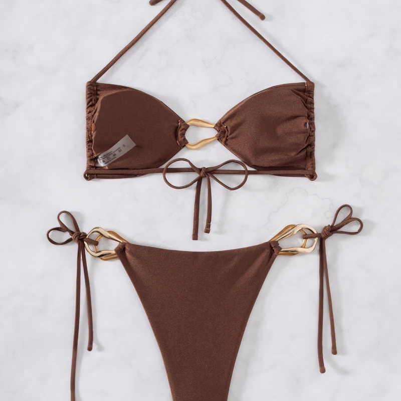 Biquíni sexy de duas peças marrom com alça no pescoço e maiô preto