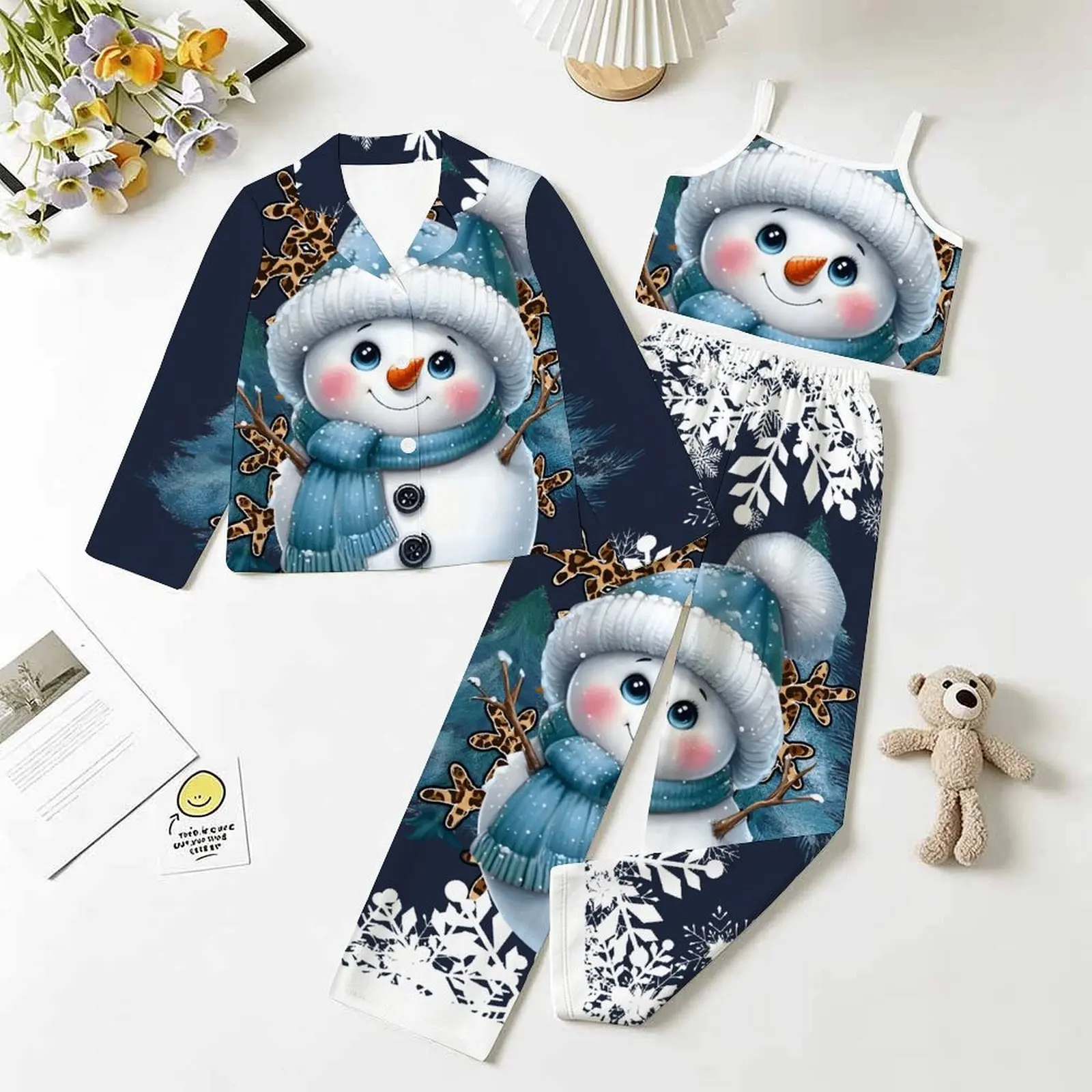 Autumn Winter Three-Piece Set Girls Print Sleeveless Vest Button Long Sleeve Coat Fashion Trousers Child Christmas Jogging Pants