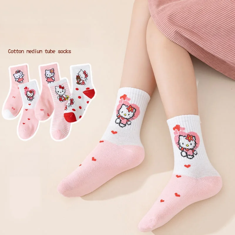 Hello Kitty Sanrio Kuromi Stitch para niña, calcetines de encaje de algodón puro para niña, calcetines de princesa de dibujos animados, lindo gato KT, calcetines de media pantorrilla, regalos para niñas