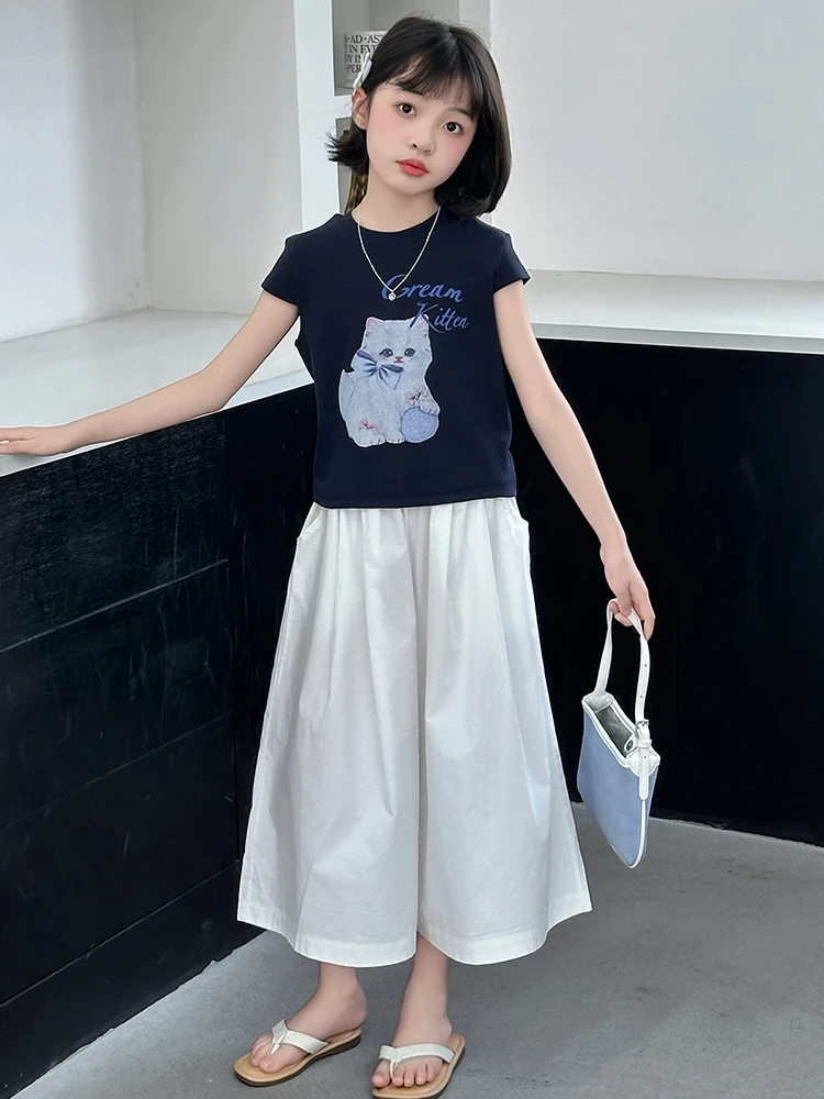 

Girls Summer ort Sve T-irt Set Casual Wide Leg Pants Thin Cotton Two Piece Suit for Ages 7 And below Faionable Outfit