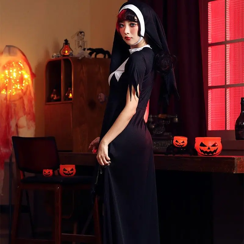 تنورة طويلة مرنة غير منتظمة متقاطعة عكسية من Loween Par Nun، زي زومبي الشيطان للعب الأدوار النسائية التقليدية العرقية...