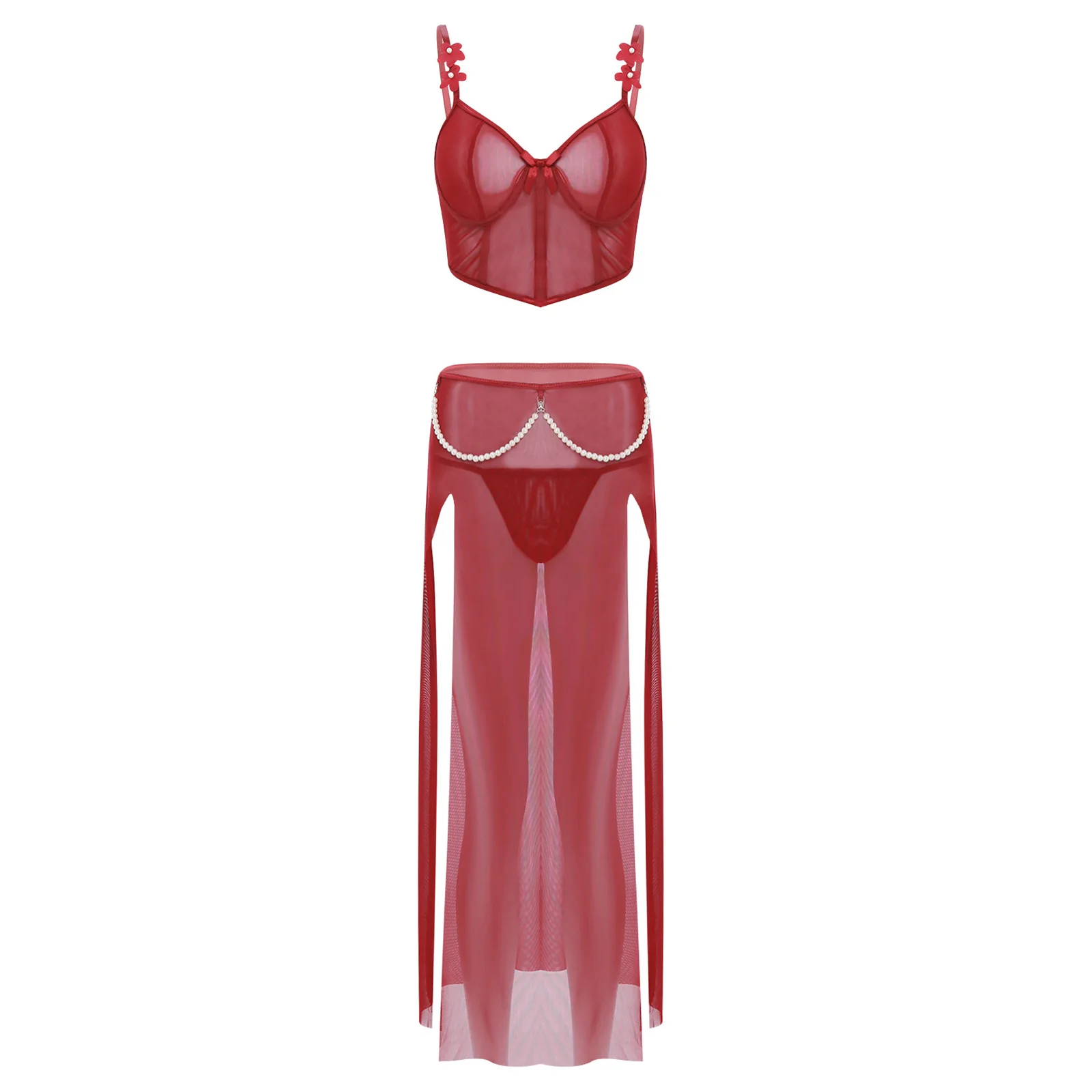 Womens See Through Mesh Solid Lingerie Set Unlined Underwire Bra Corset with T-back Thong And Split Skirt Sexy Nightwear Set