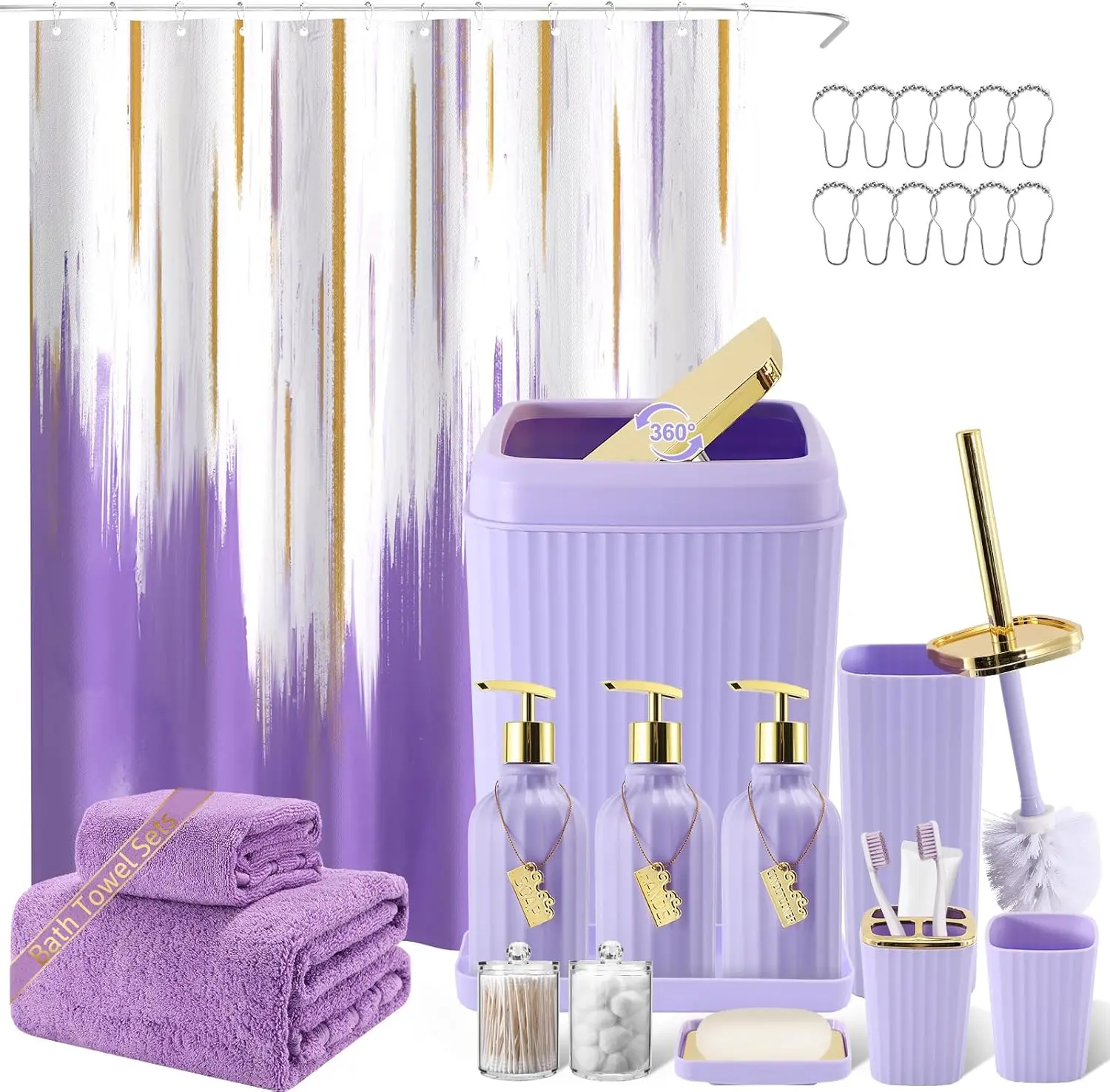 

20-Piece Purple Bathroom Set with Shower Curtain, Towels, Soap Dispenser, Trash Can & Accessories