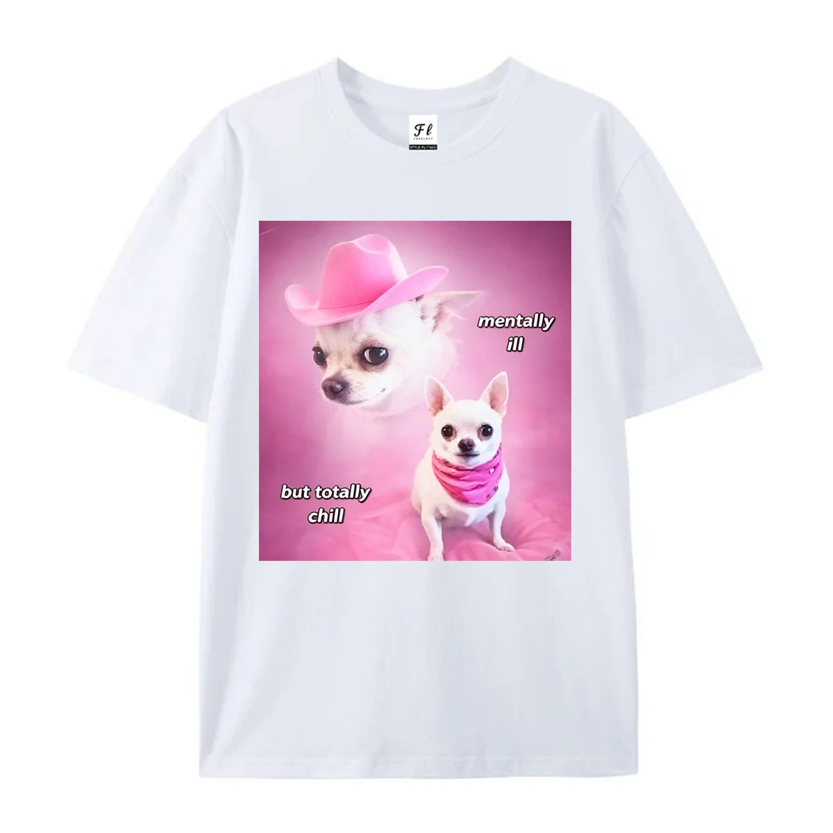 Mentally AW But Totally Chill Chihuahua Meme Shirt Funny Pink Cowboy Hat Dog Graphic Tee Casual Short Sleeve Tees for Dog Lover