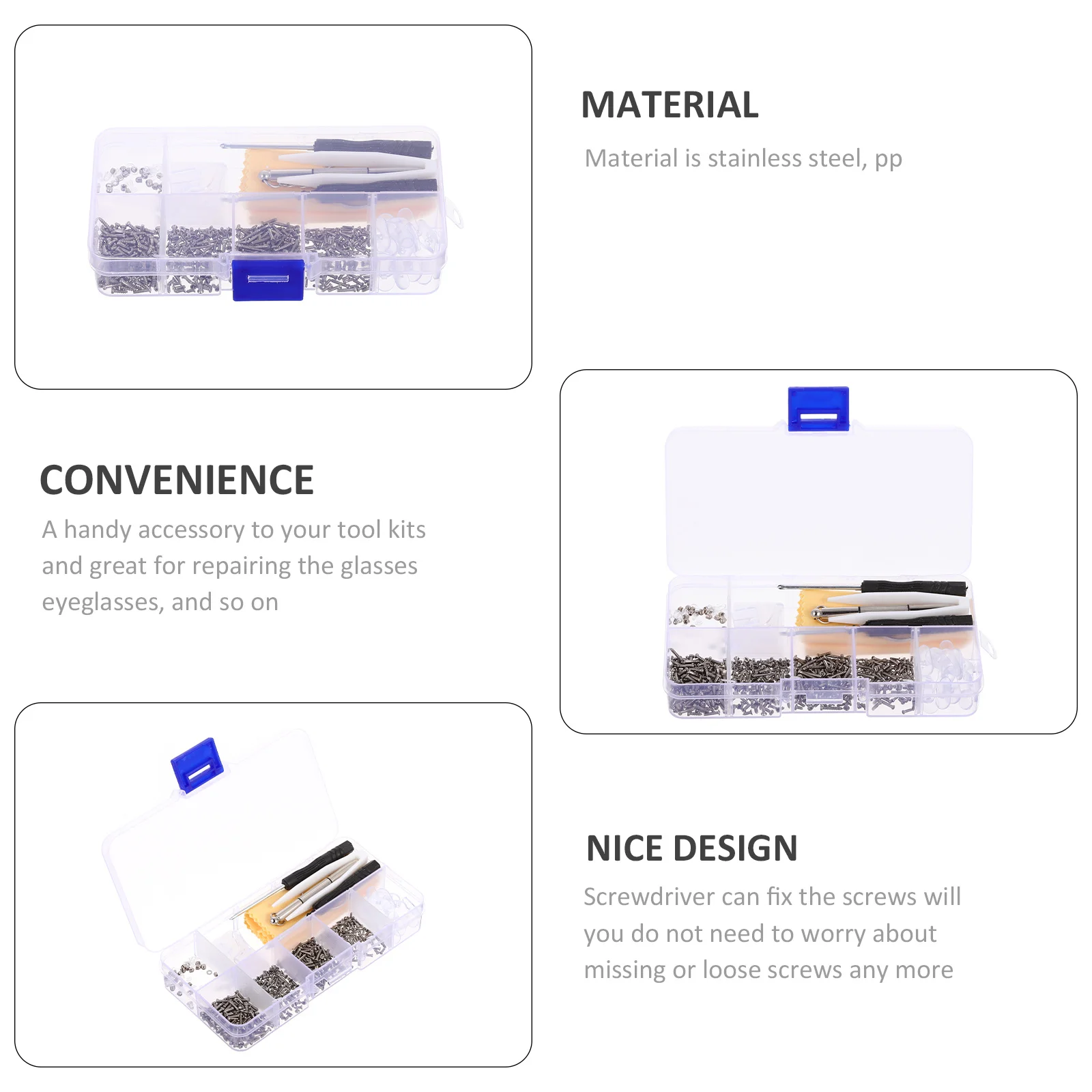 

1Set Portable Glasses Repair Kit Stable Stainless Steel Plastic Screws for Eyeglass Repairing Professional Glasses Tools