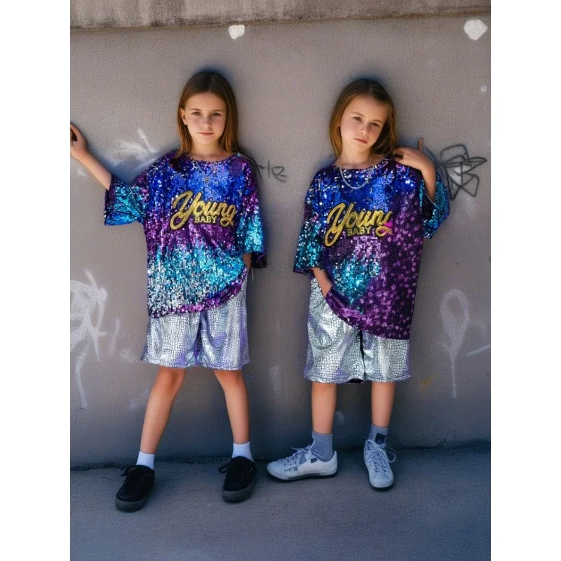 Boys' Jazz Dance Costumes Drum Sets Performance Clothes Summer Silver Sequined T-shirt Singer Rehearsal  Glitter Costume
