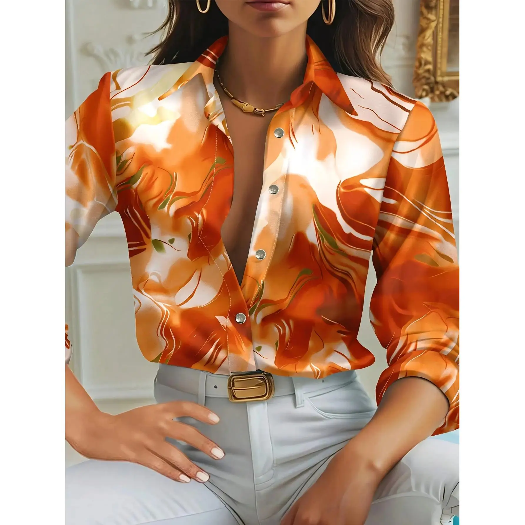 Chemise à manches longues pour femmes, motif marbre 3D, imprimé dégradé, polyvalente, décontractée, pour tous les jours, chemisiers de bureau pour dames, printemps automne