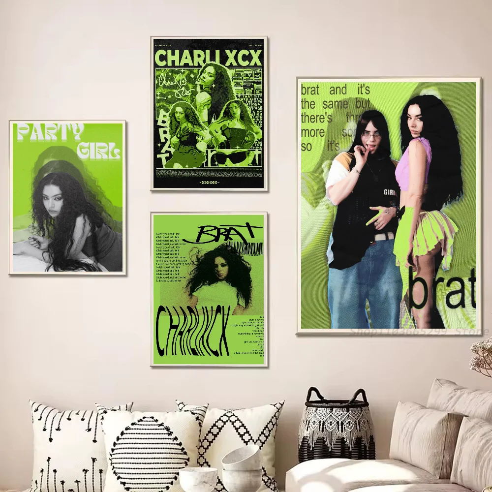 1pc Singer Charli XCX BRAT Poster Self-adhesive Art Waterproof Paper Sticker Coffee House Bar Room Wall Decor