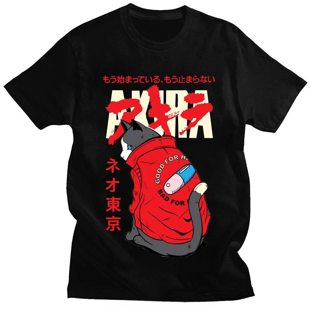 Men  Fashion Casual Short Sleeve T-shirts Streetwear Hip Hop Cotton Harajuku T shirt Anime Akira Cat Kaneda Shotaro T-shirt