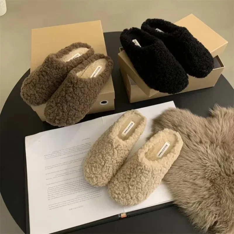 Winter Warm Plush Mules Women One Band Fur Slippers Cozy Cotton Shoes Woman Flats Cover Toe Fleeces Slides Wool Pantuflas