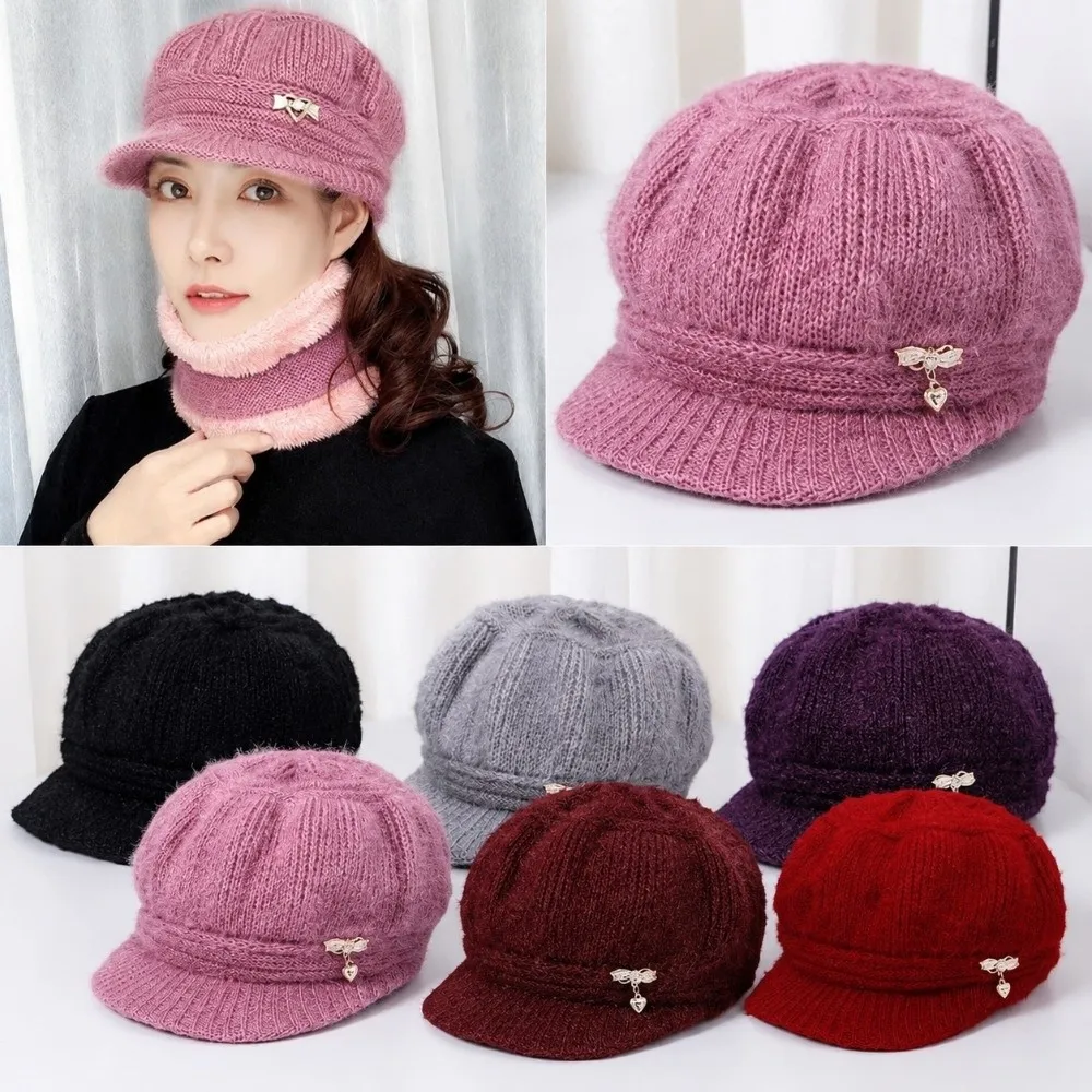 Fashion Thickened Knitted Wool Hat Fleece Lined Keep Warm Pumpkin Beret Hat Windproof Ear Protection Cap for Middle Aged Women
