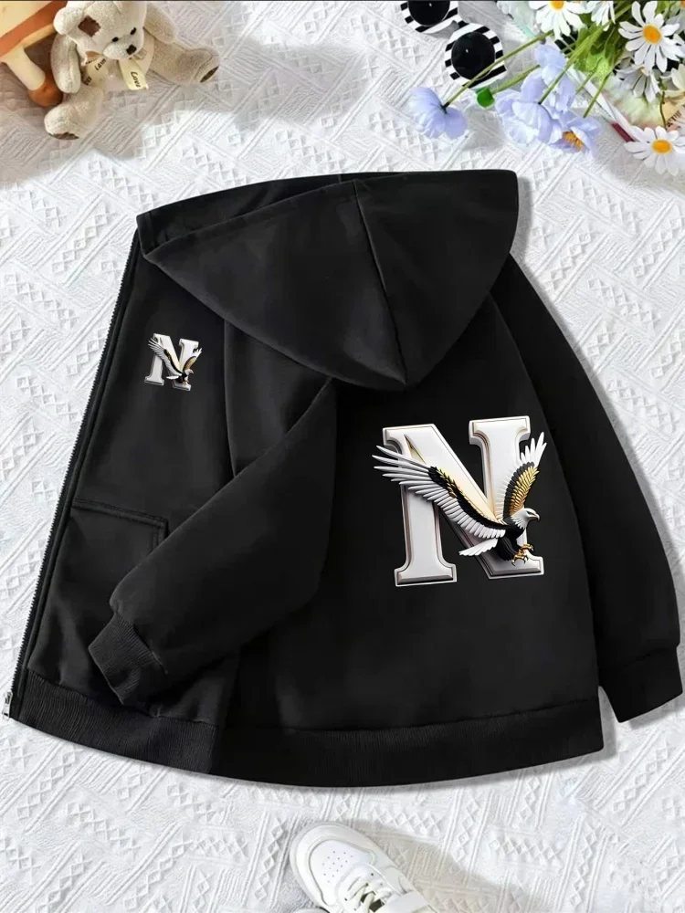 Childrens Blue Zip Up Hooded Jacket Stereo Eagle With Letter N Front And Back Graphic Long Sleeve Loose Daily Wear Sweatshirt