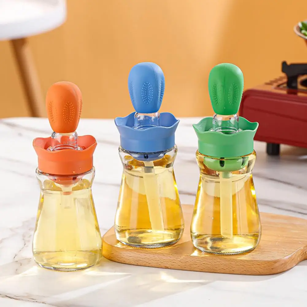 200ML 2 in 1 Glass Oil Bottle with Silicone Brush Clear Control Soft Bristles Creative Cactus Olive Oil Dispenser for Kitchen