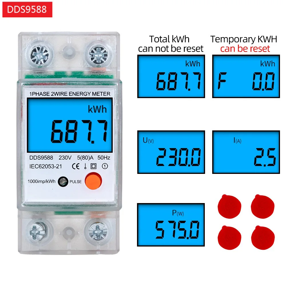 AC 110V/220V Din Rail LCD Display Digital Single Phase Energy Meter KWh Power Consumption Electronic Wattmeter Reset Zero