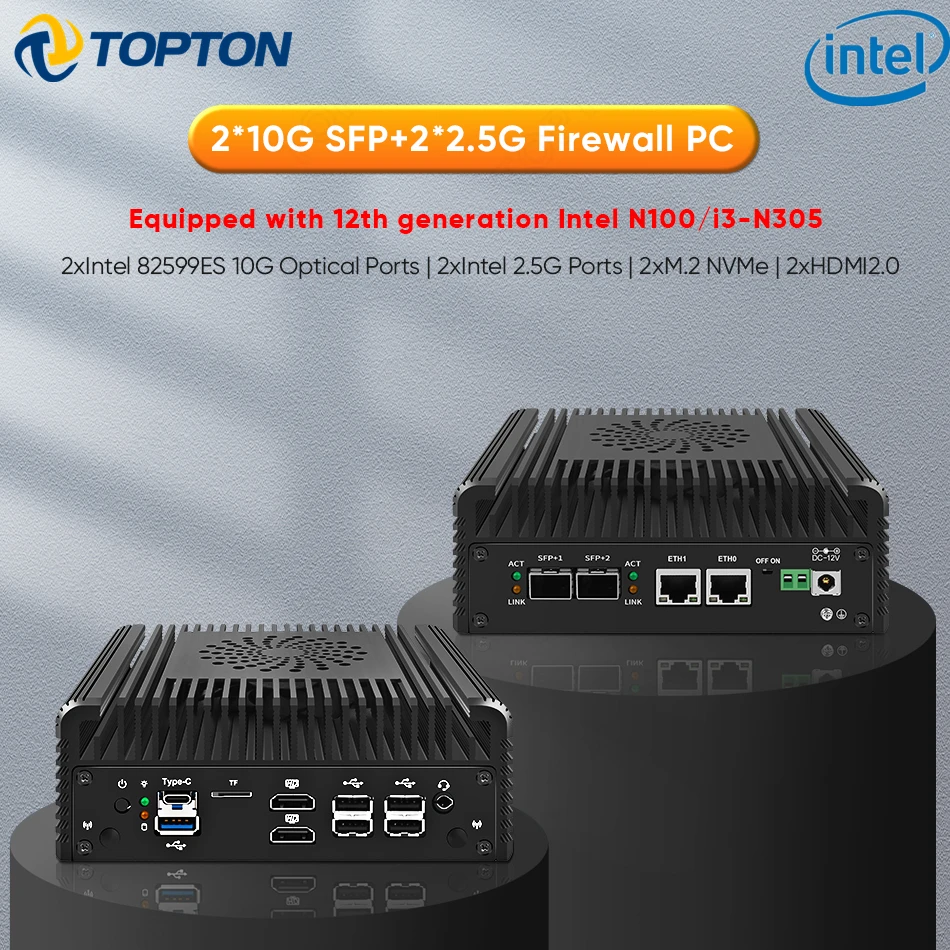 Intel i3 N305 3 N355 N150 N100 Soft Router12th Gen Firewall Mini PC2x10G SFP+ 2xi226-V 2.5G 1xNVMe 2xHDMI DDR5 MiniPC NAS Server