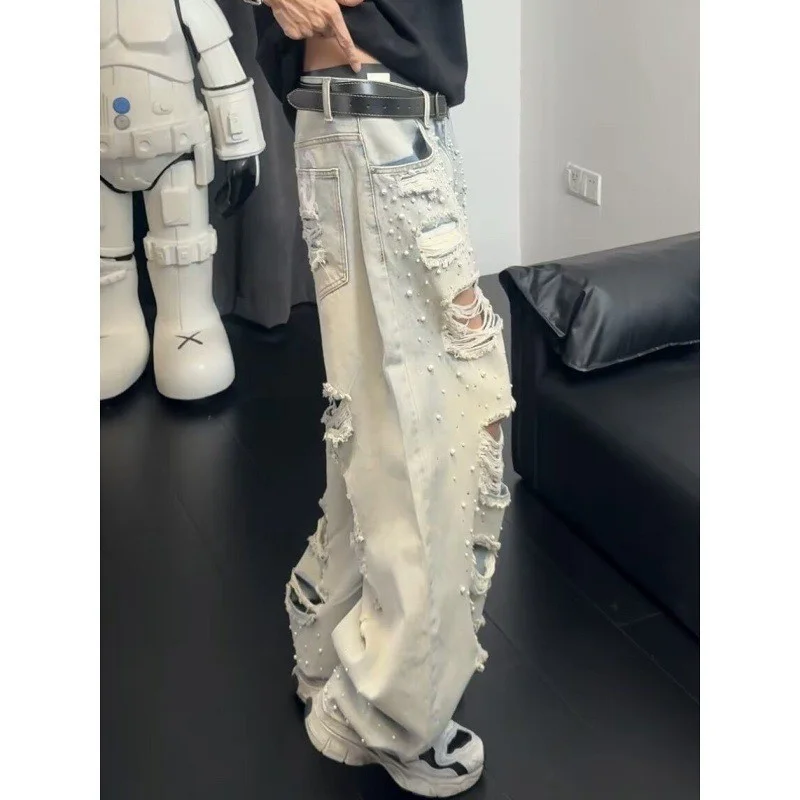 Casual Washed Denim Jeans Loose Wide Leg Pants Men Women Printed Letter Hole Design Fashionable Vintage Style Drawstring Waist
