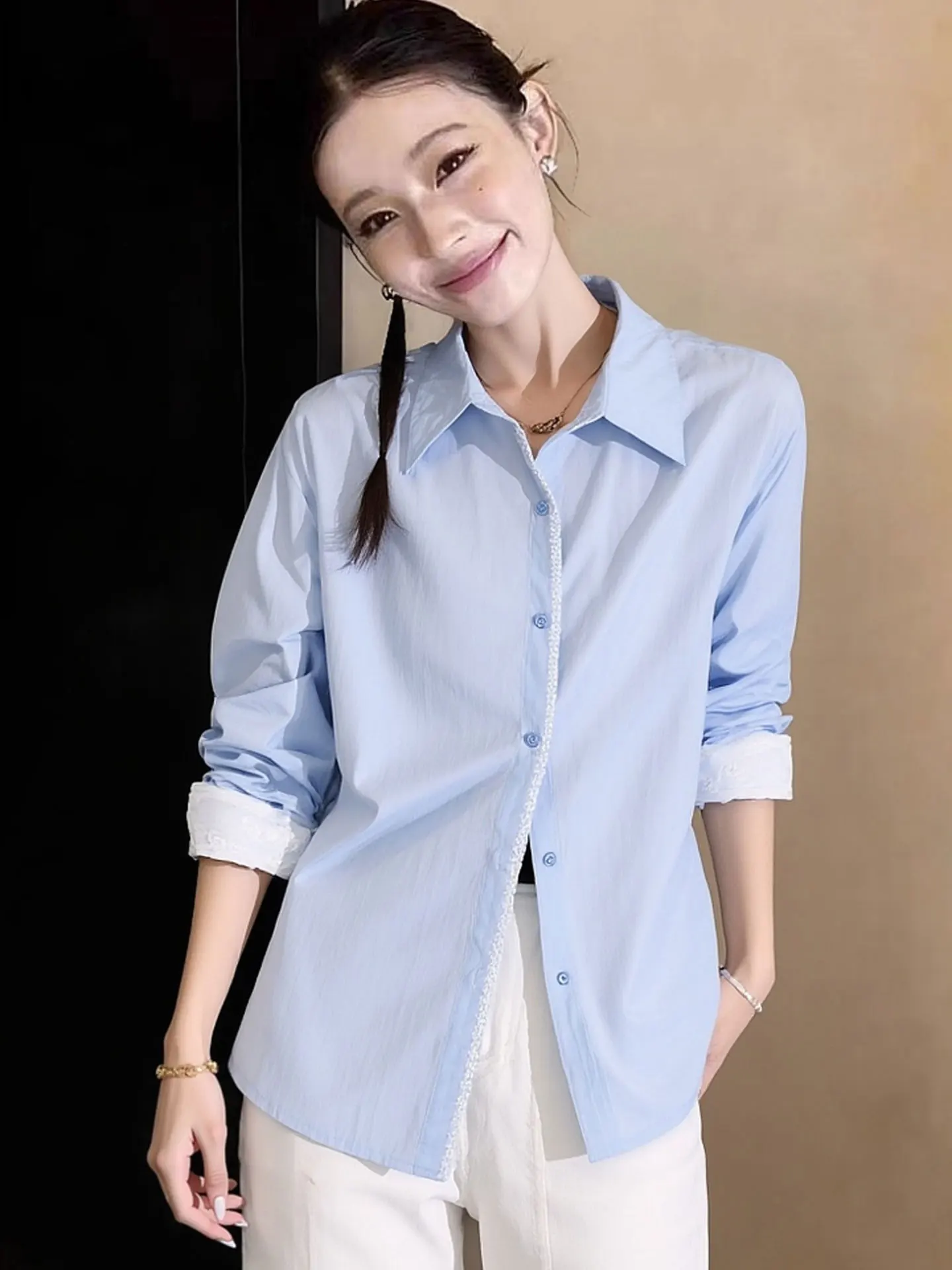 

Элегантная корейская блузка с длинным рукавом и воротником, весна 2026, модная универсальная модель, высококачественный шелк, женская деловая повседневная одежда