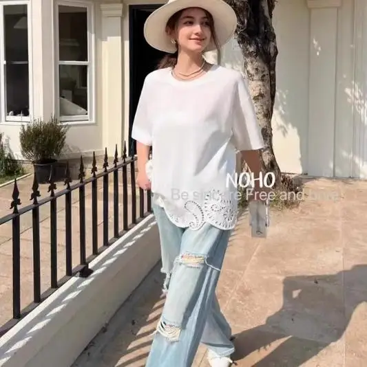 تي شيرت نسائي كاجوال فضفاض مناسب بتصميم مجوف وأكمام قصيرة