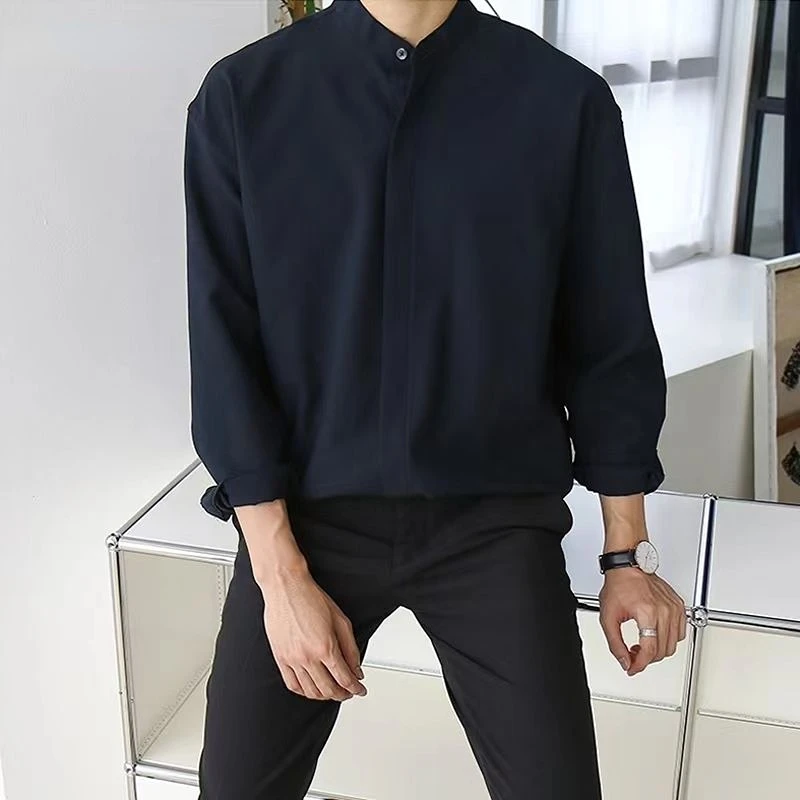 2023 New Silk Senior Sexy Dark Blue Shirt for Men Solid Color Long Sleeve Stand-up Collar Loose Business Casual Iron-free Shirt