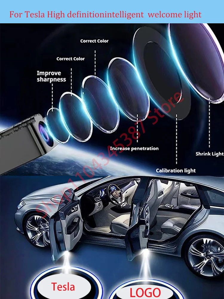 For Tesla High-definition welcome light, nowiring, carbon fiber pattern infrared door sensing projection light, LOGO floor