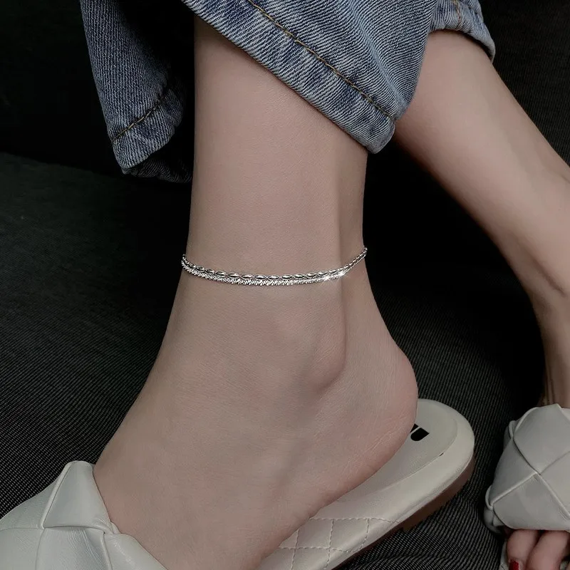 925 Sterling Silver Double Layer Beads Anklet for Women Rice Grain Foot Chain New Fashion Fine Jewelry Accessories Party Gifts