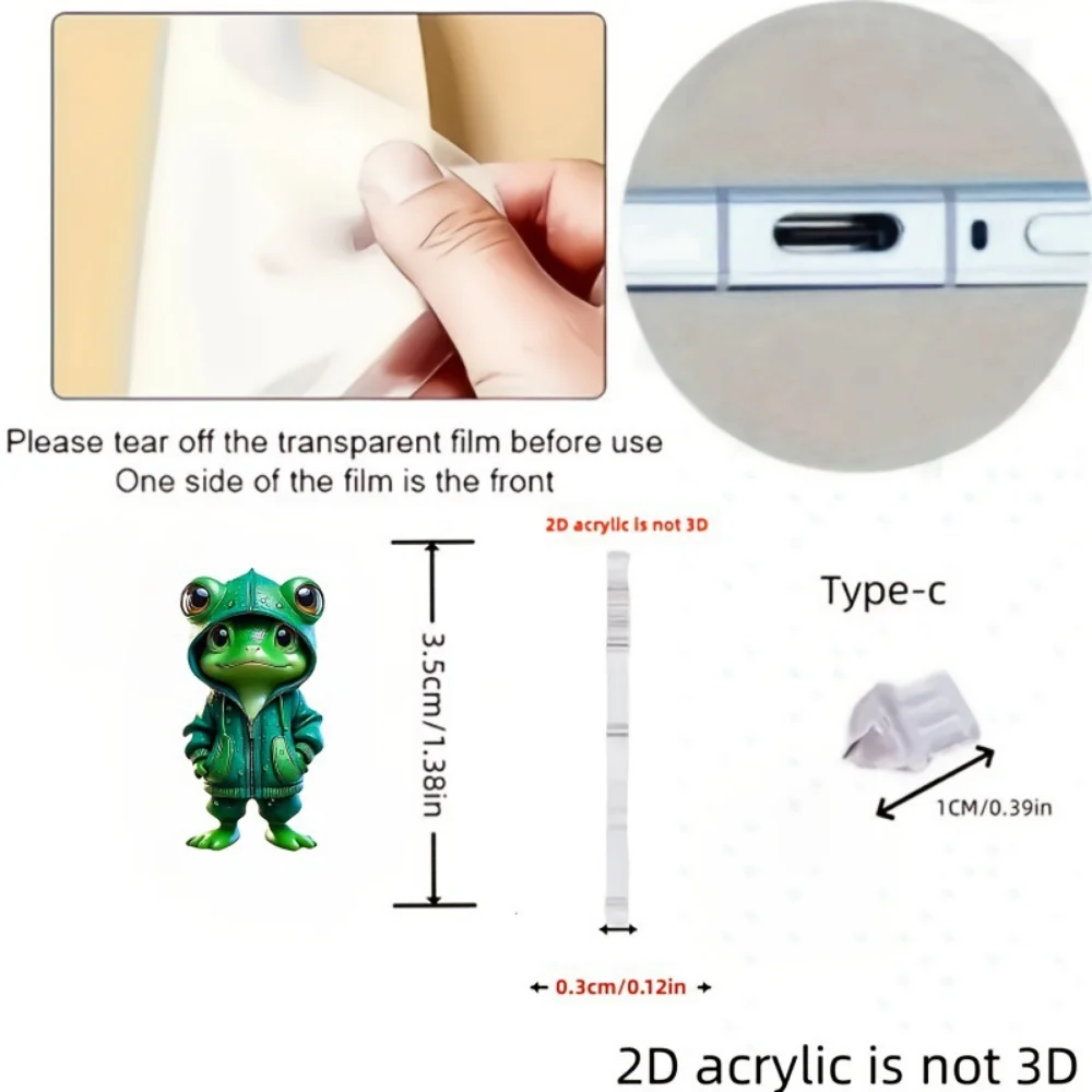 2D شقة كبيرة العين الضفدع الاكريليك الهاتف الغبار التوصيل لطيف شنقا ديكور آيفون نوع C شحن ميناء مكافحة الغبار الحيوان سحر التبعي