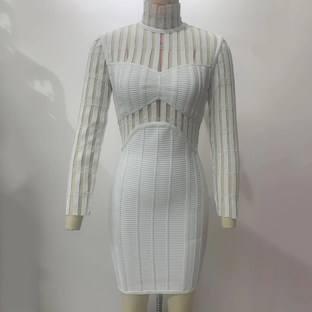 DEIVE TEGER 2024 New Women\'s Sexy Patchwork Mesh Tight Long Sleeve Mini Bandage Dress Elegant Celebrity Party Dress