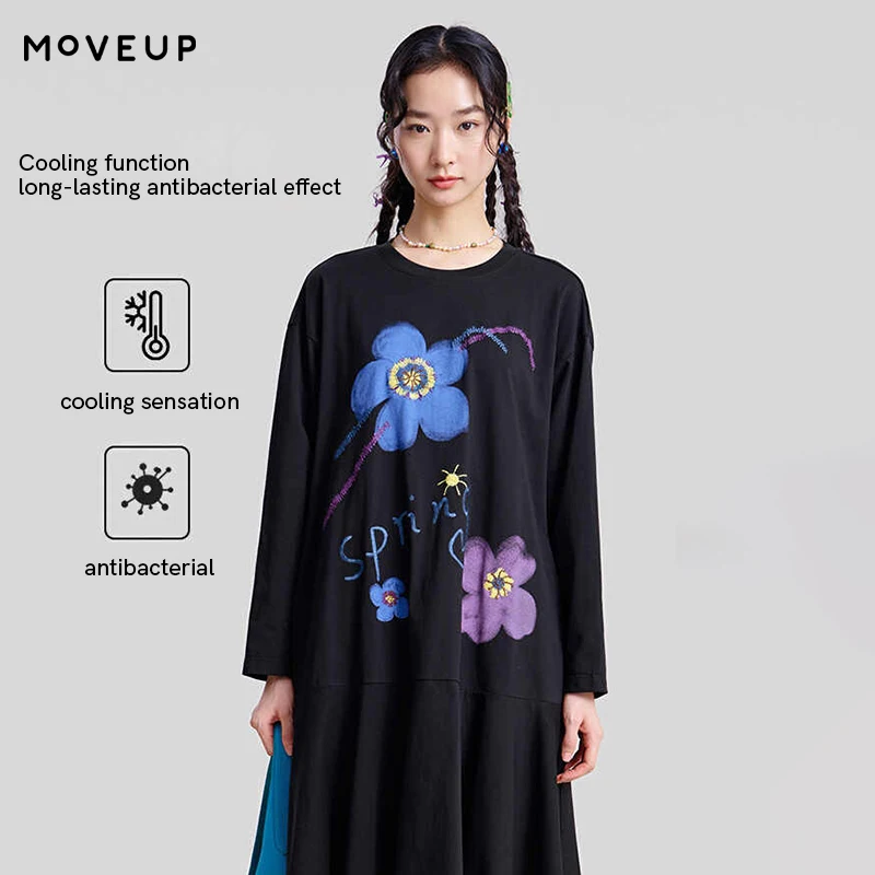 

MOVEUP Long Sleeved Round Neck Dress 2026 Spring New Flower Letter Printed Embroidered Casual Knitted Dress For Women 3ELC11320