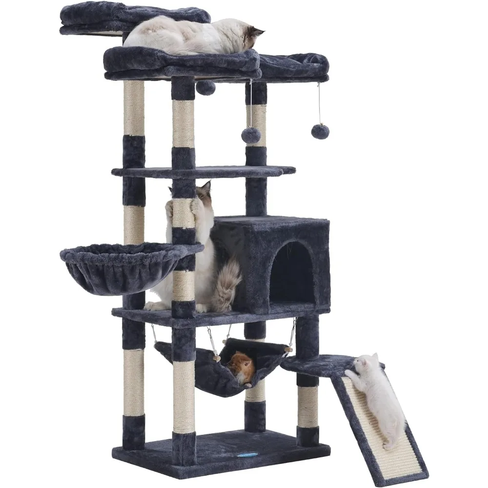 

Multi-Level Cat Tree, Large Cat Tower with Bigger Hammock, 3 Cozy Perches, Scratching Posts, Stable for Kitten/Gig Cat Smoky