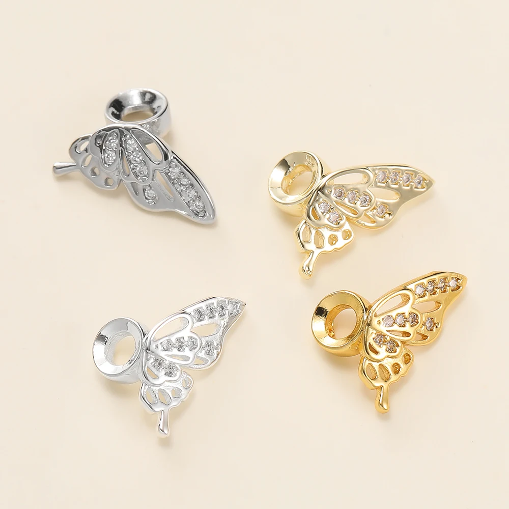 1 Uds. Cuentas espaciadoras de alas de mariposa chapadas en oro de 14/18K con circón para pulsera DIY, collar, accesorios para hacer joyas