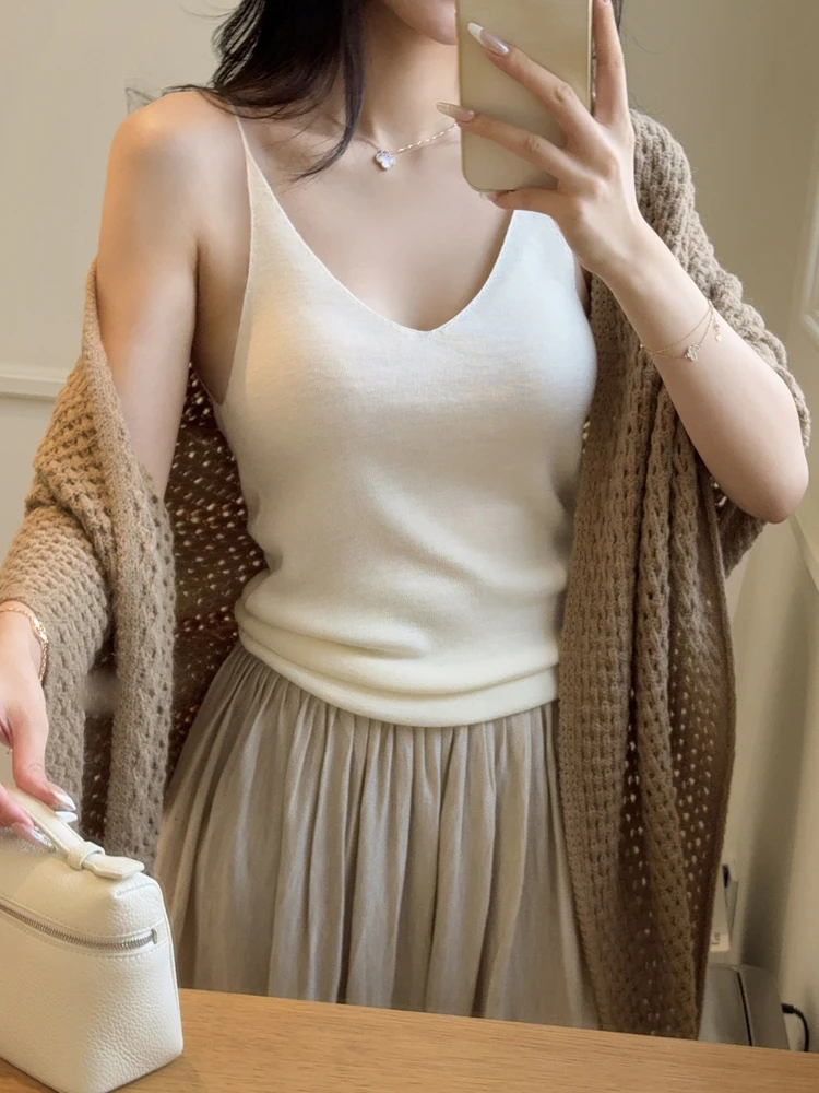 

Mmm Collection Soft Wool Thin Knitted Strap Women Faion Bal Inner Wear Vest V-ne Regular-length Pure Color