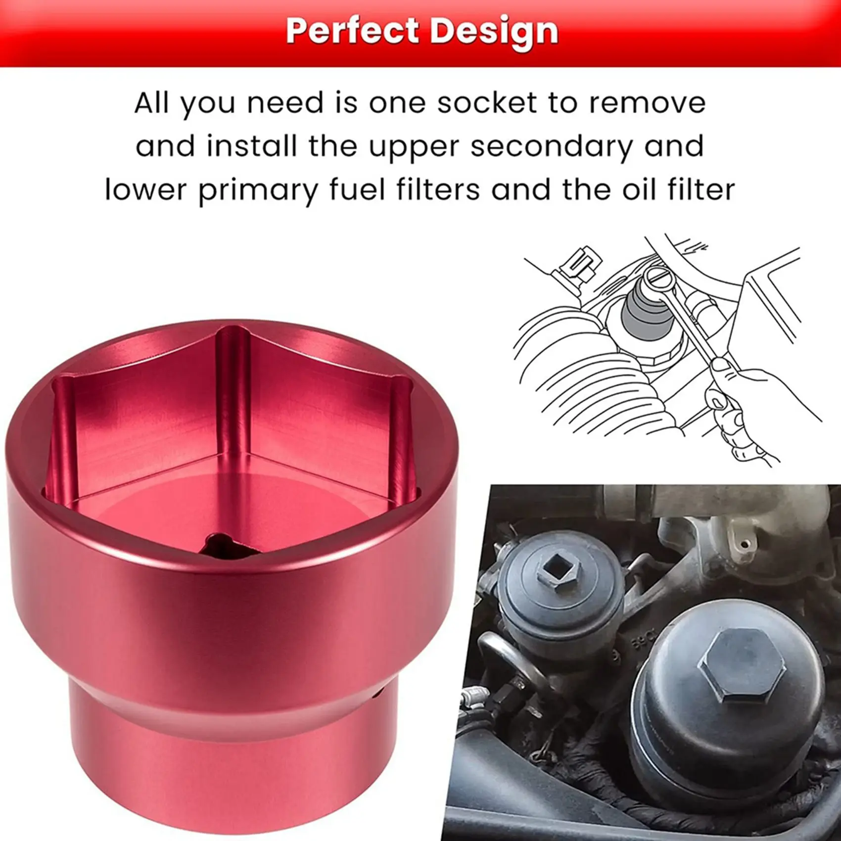 Fuel Filter/Oil Filter Socket 24mm / 36mm Remover and Installer Assistant for Ford 6.0L 6.4L 2003-2010 (Red)