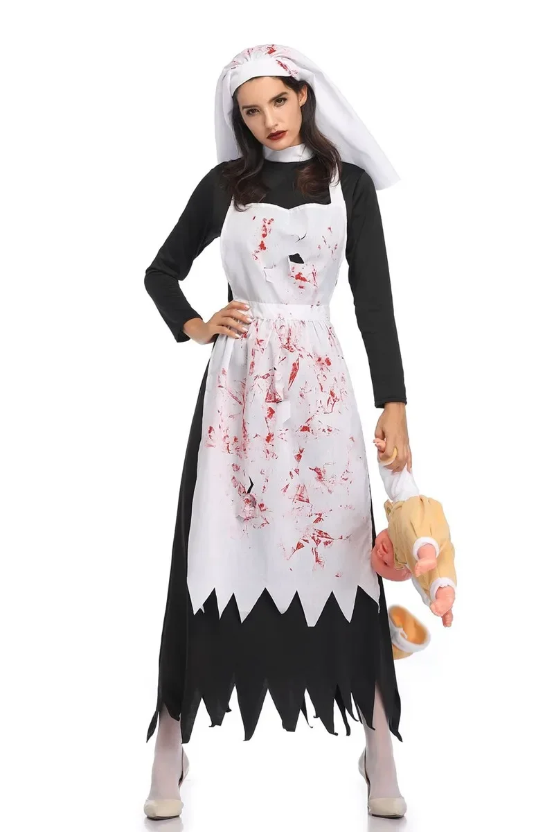 Halloween Costume Adult Horror Bloody Nun Costume Cosplay Nun Maid Zombie Irregular Long Dress