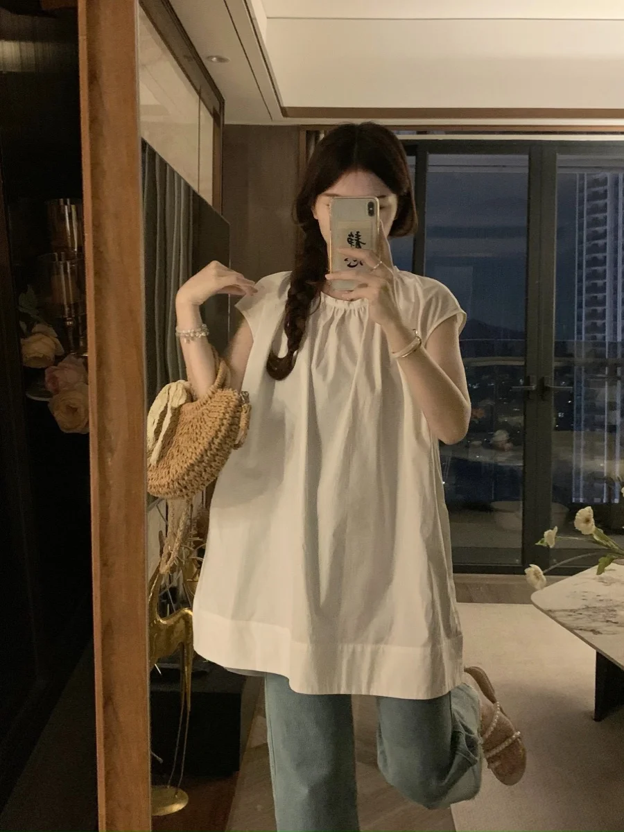 plus Size Women's round Neck Casual Shirt Pure Color Oversize Loose Fit Mid-Length Top Korean Style Commute Fashion