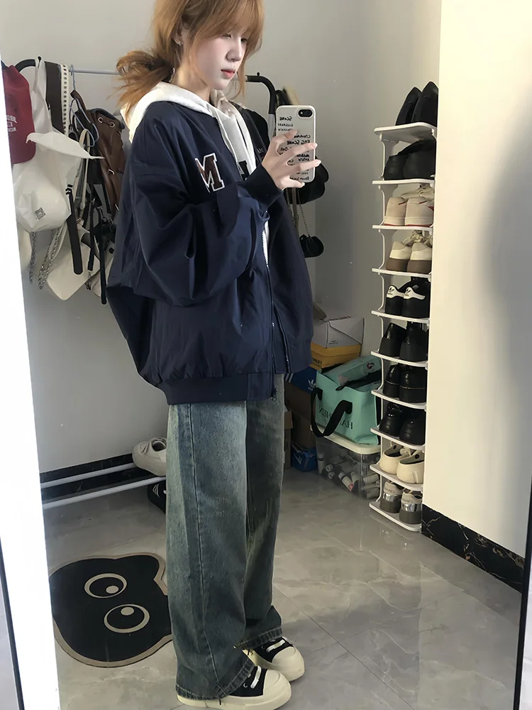 

Американская ретро-бейсбольная куртка с вышивкой для женщин, весенне-осенняя повседневная верхняя одежда свободного кроя с принтом и декоративной строчкой