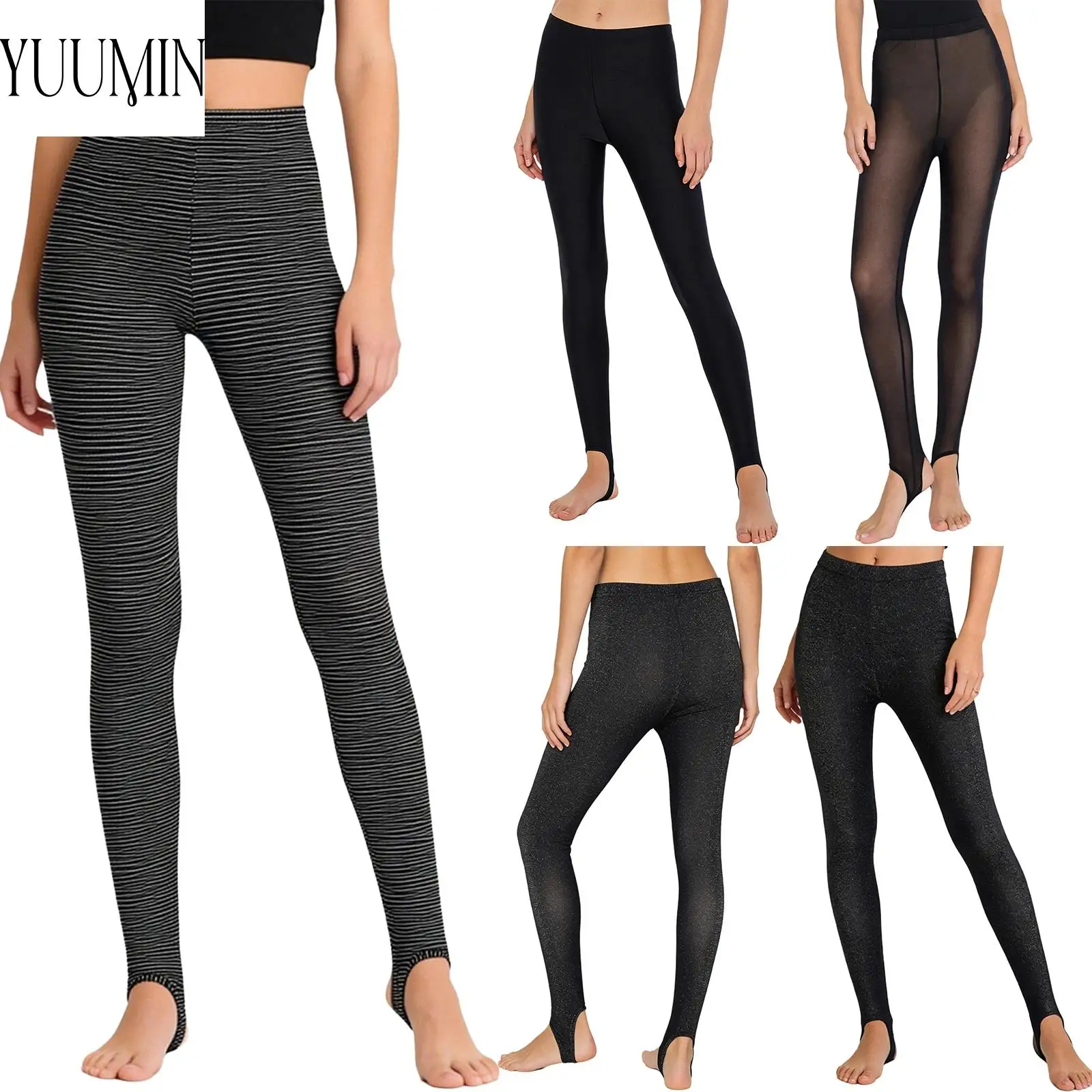 

Gym Tight Pants Women Stretchy Sports Bottoms Sheer Mesh Stirrup Leggings High Waist Skinny Pants for Dance Yoga Workout Running
