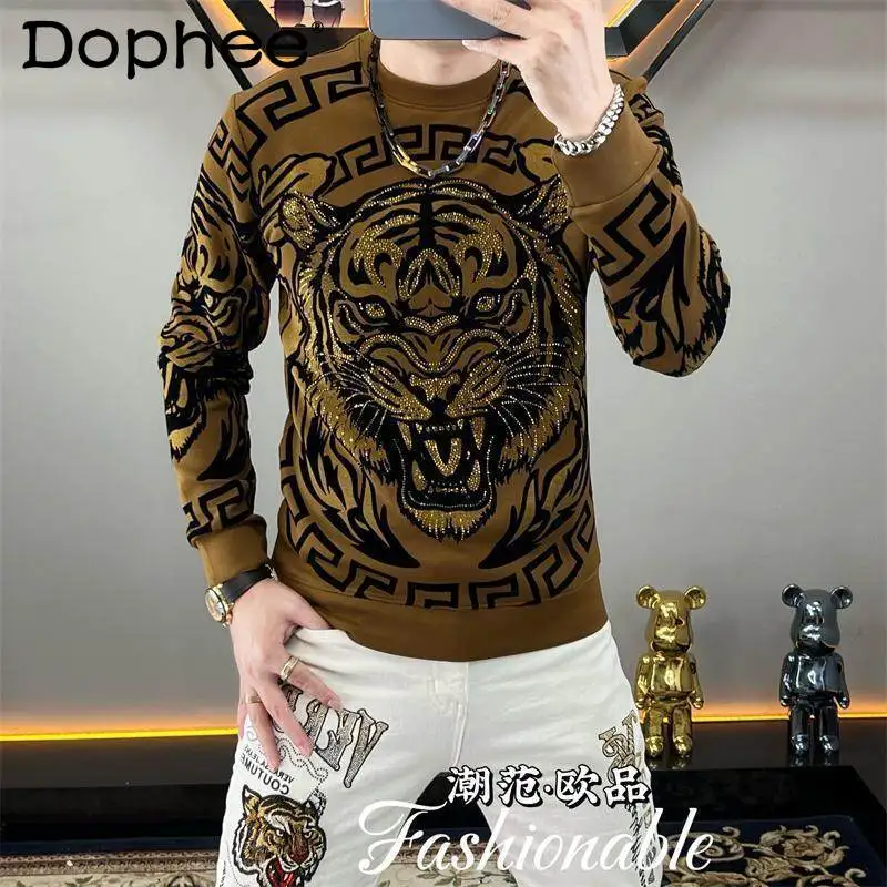 

Autumn Winter New Men's Fleece-Lined Warm Sweatshirt Personalized Heavy-Duty Rhinestone Fashion Trend Versatile Base Shirt