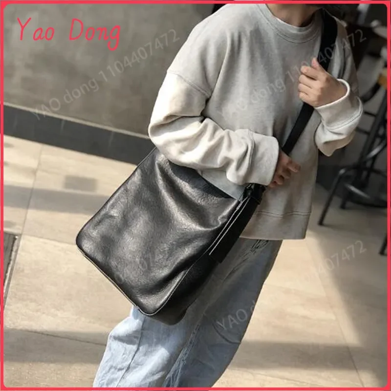 Yao Dong Trend new big bag black leather wide shoulder lead layer cowhide shoulder bag retro Korean version diagonal bucket bag